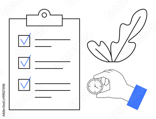 Checklist on clipboard with blue checkmarks, stopwatch held by hand with blue sleeve, decorative leaf. Ideal for productivity, organization, efficiency, time management, task tracking, planning