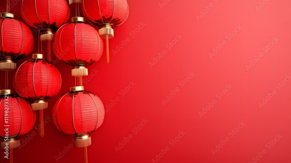Red Chinese Lanterns Hanging Against Red Background Red Chinese Lanterns Hanging Against Red Background