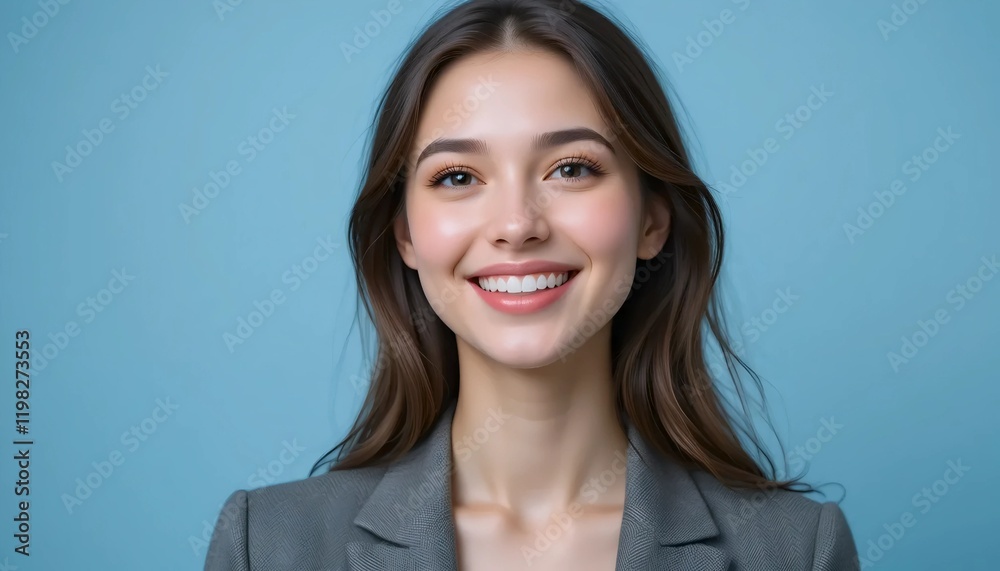 Close Up Portrait of a Young Woman in White Professional Suit with Radiant Smile and Warm Expression on Light Blue Background Close Up Portrait of a Young Woman in White Professional Suit with Radiant Smile and Warm Expression on Light Blue Background