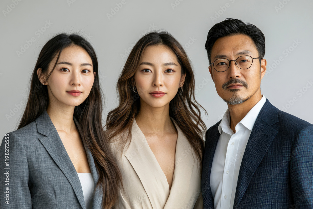 Three Asian business professionals, two women and one man, stand together in formal attire, projecting confidence and teamwork. Three Asian business professionals, two women and one man, stand together in formal attire, projecting confidence and teamwork.