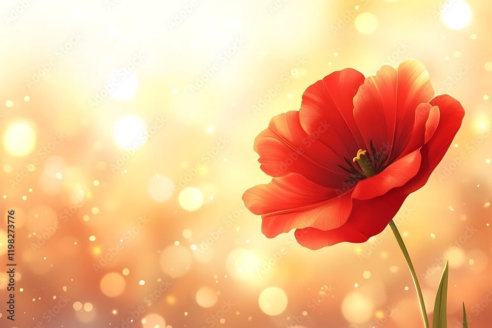 Obraz premium Single Red Tulip Blossom in Golden Bokeh Light