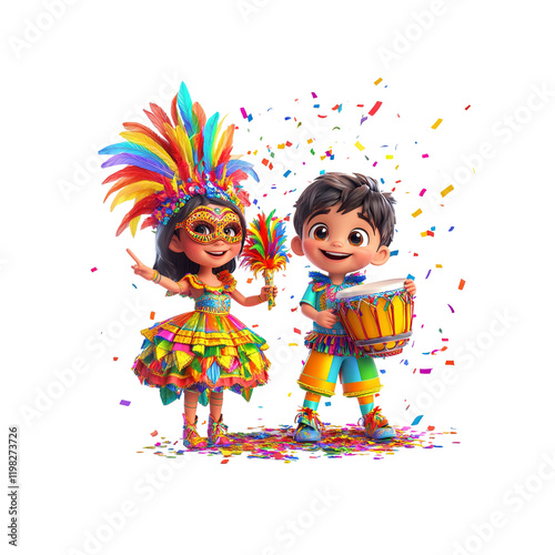 Joyful Children Celebrating Carnival with Confetti and Percussion Instruments