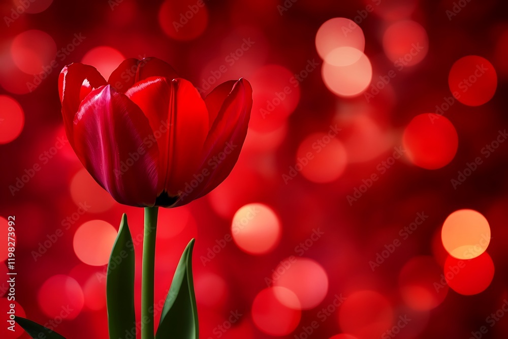 Obraz premium Single Red Tulip Against Red Bokeh Background