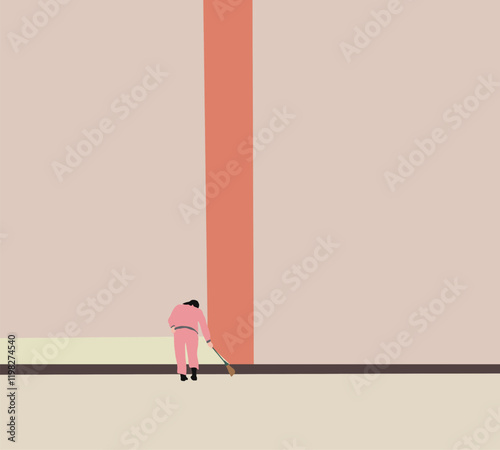 Man in pink suit sweeping street floor on roadside. Garbage cleaning service concept city.