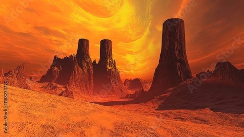 Alien Planet Sunset Over Red Desert Mountains