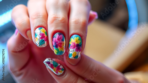 Female hands with a beautiful bright multi-colored spring manicure. a girl removes gel polish and shilak using acetone and foil. Each finger is wrapped in foil. Led lamp for nail design photo