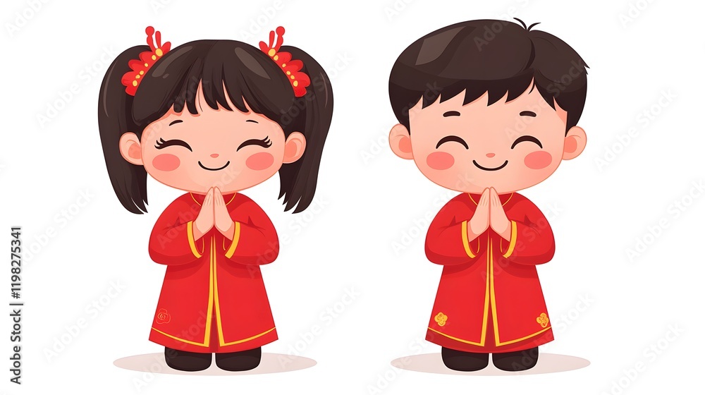 Adorable Children in Traditional Chinese Red Clothing Bowing Adorable Children in Traditional Chinese Red Clothing Bowing
