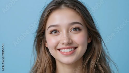 Close Up Portrait of a Young Woman in White Professional Suit with Radiant Smile and Warm Expression on Light Blue Background