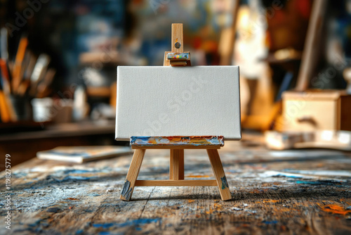 Blank canvas on a small easel in an artist's studio, ready for painting.