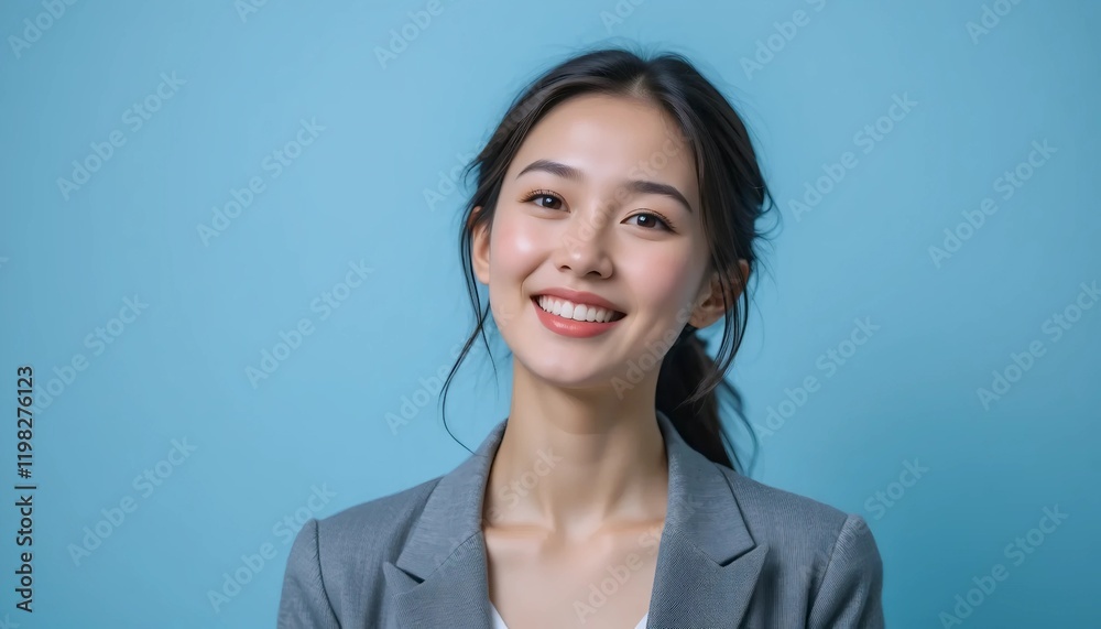 Close Up Portrait of a Young Woman in White Professional Suit with Radiant Smile and Warm Expression on Light Blue Background Close Up Portrait of a Young Woman in White Professional Suit with Radiant Smile and Warm Expression on Light Blue Background