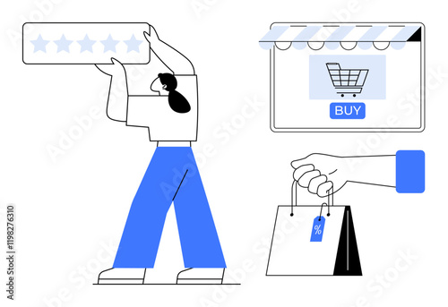 Woman holding five-star rating, hand holding shopping bag, and online store interface with a buy button. Ideal for e-commerce, customer feedback, online reviews, digital marketing, consumer