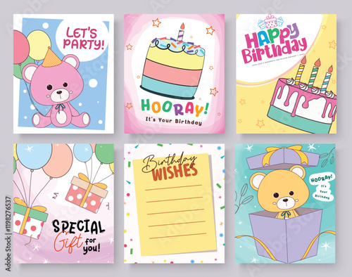Happy birthday greeting card clipart poster set. Set of birthday cards with message, wishes, surprise and party elements in colorful abstract background. Vector illustration bday celebration postcard 