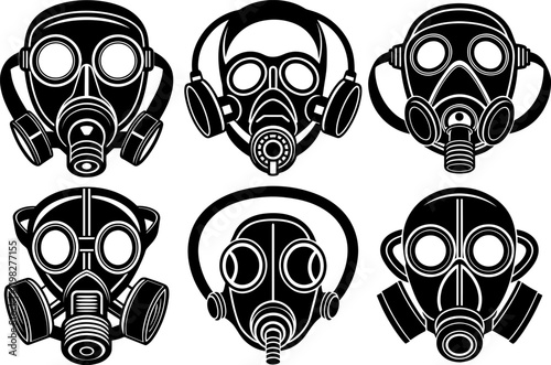 A set of Black Silhouette of a Gas Mask - Vector Illustration