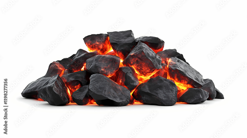 Side view on one single smoldering burning coals pile isolated on white background. Sunpetal. Illustration Side view on one single smoldering burning coals pile isolated on white background. Sunpetal. Illustration