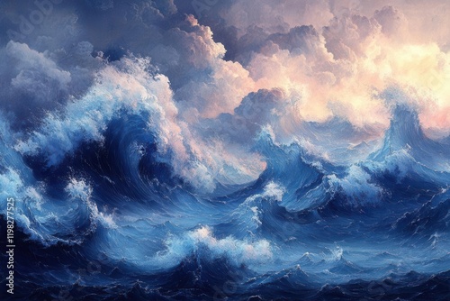 dynamic ocean waves rendered in intricate brushwork, moody storm-tossed seas with dramatic lighting, japanese woodblock print style, deep indigos and foamy whites photo