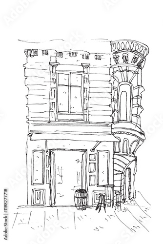 vintage building with canopy, simple vector sketch illustration
