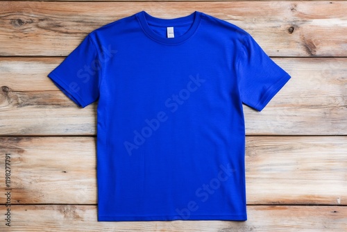 Royal blue t-shirt on wood, clothing design mockup