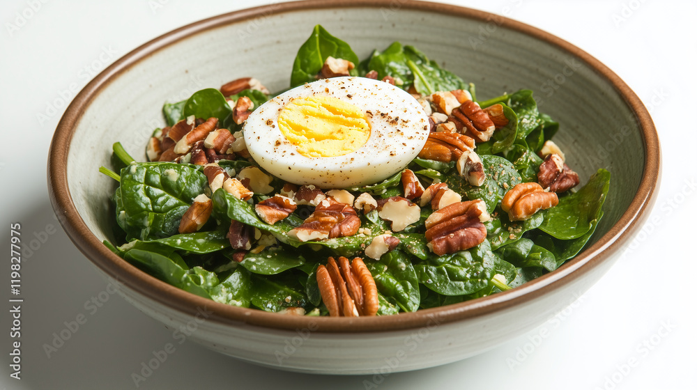 A clean bowl with a mix of spinach salad, topped with a slice of hard-boiled egg and nuts. A clean bowl with a mix of spinach salad, topped with a slice of hard-boiled egg and nuts.