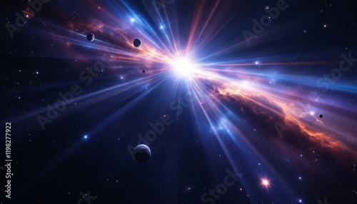 A cosmic light spectacle with a distant star emitting radiant beams across space