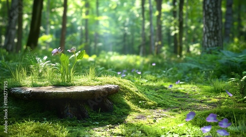 Sunlit forest path, flowers on mossy stump, nature background, serene scene, ideal for peaceful imagery