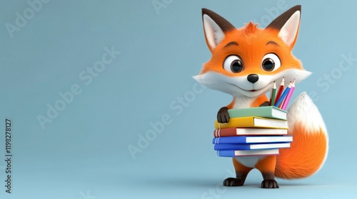 Cute cartoon fox carrying books and pencils.