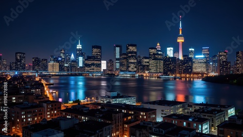 Wallpaper Mural Beneath a starlit sky, a luminous cityscape mirrors itself on tranquil waters, with soaring skyscrapers casting vibrant reflections in the foreground. Left-side silhouettes complete this nocturnal tab Torontodigital.ca