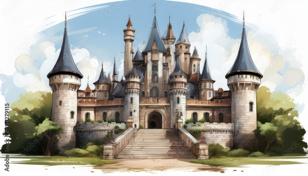 Digital Illustration of Majestic Castle Architecture in Outdoor Scene, Featuring a Vibrant Digital Palette, Showcasing Intricate Details and Dramatic Lighting at Dusk. Digital Illustration of Majestic Castle Architecture in Outdoor Scene, Featuring a Vibrant Digital Palette, Showcasing Intricate Details and Dramatic Lighting at Dusk.
