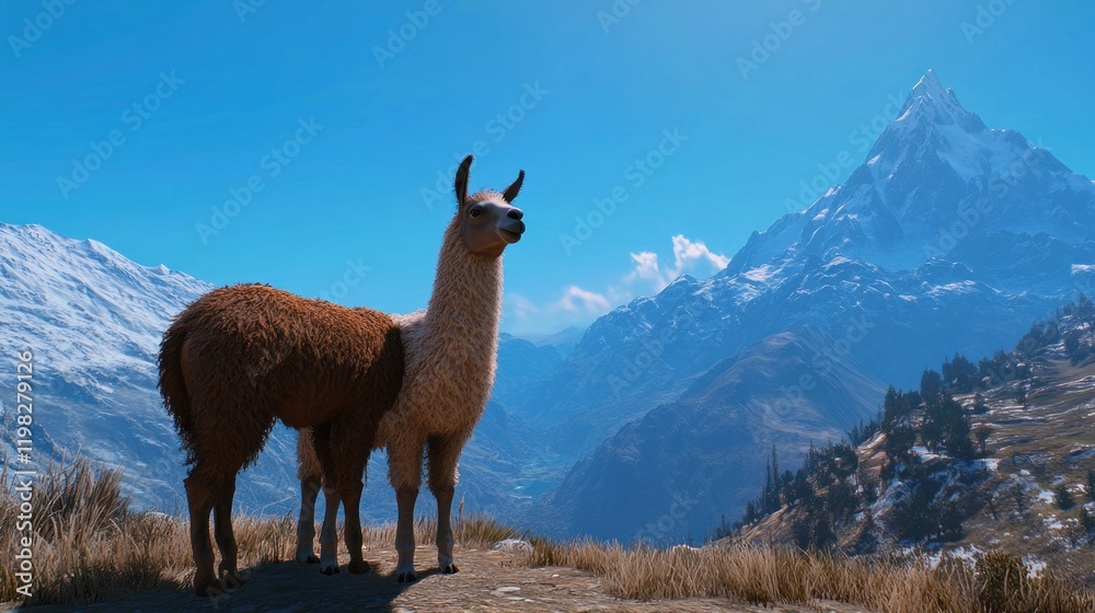 Fototapeta premium Majestic Llamas in the Andes: A Breathtaking Mountain Vista
