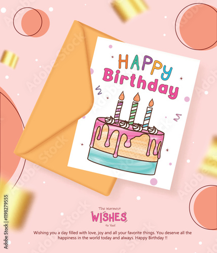 Happy birthday greeting card clipart design. Birthday wishes and message with brown envelope and hand drawn colorful cake in paper clip art elements. Vector illustration bday invitation card design.
