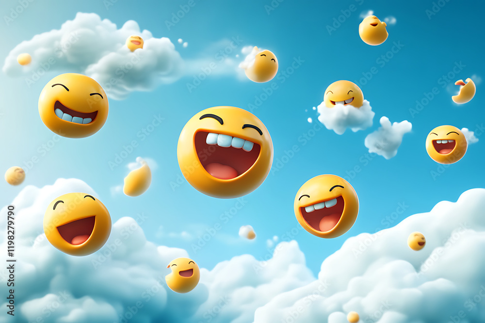 Naklejka premium Cheerful emojis floating among fluffy clouds in a bright blue sky.