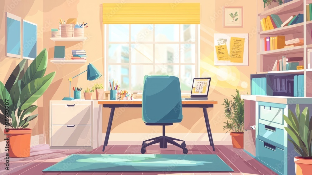 Sunny Home Office Workspace: Bright and Productive Study Room with Desk, Laptop, Bookshelves, and Plants Sunny Home Office Workspace: Bright and Productive Study Room with Desk, Laptop, Bookshelves, and Plants