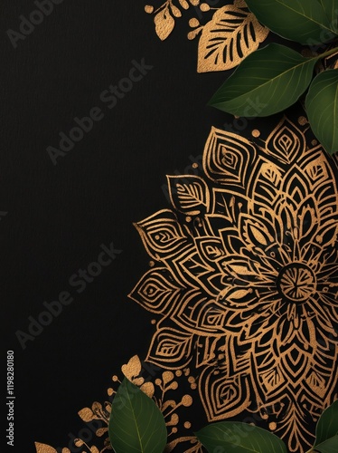 Golden mandala design with green leaves on black background; invitation or greeting card