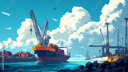 Industrial port with cargo ship and crane unloading coal ai. Sunpetal. Illustration