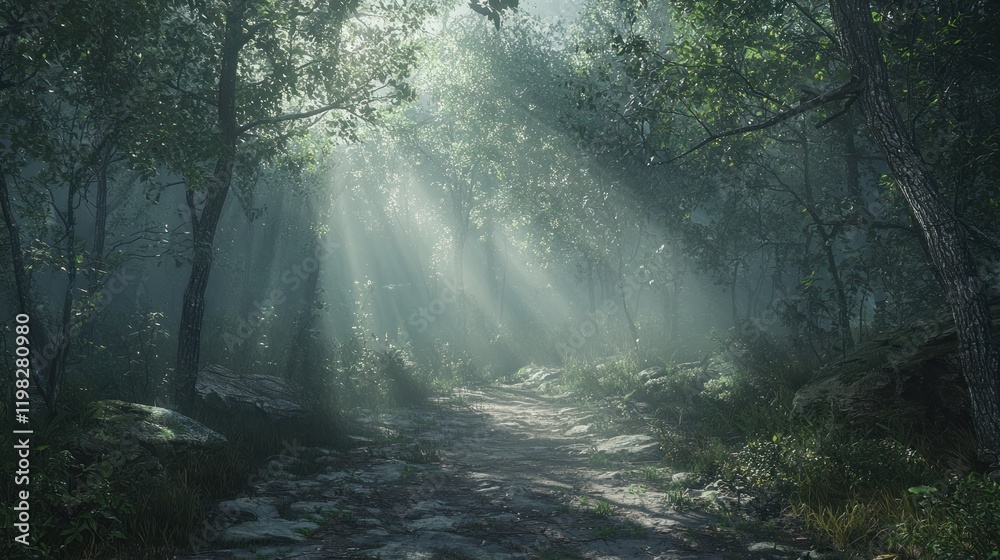 Fototapeta premium Sunbeams Illuminating a Mystical Forest Path