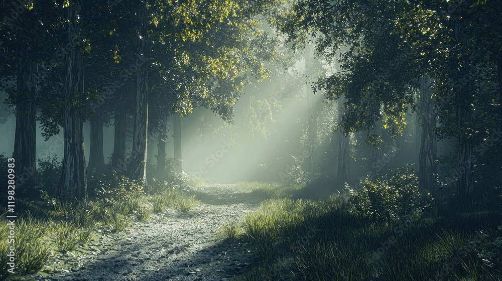 Obraz premium Enchanted Forest Path: A Mystical Journey Through Sunlit Woods