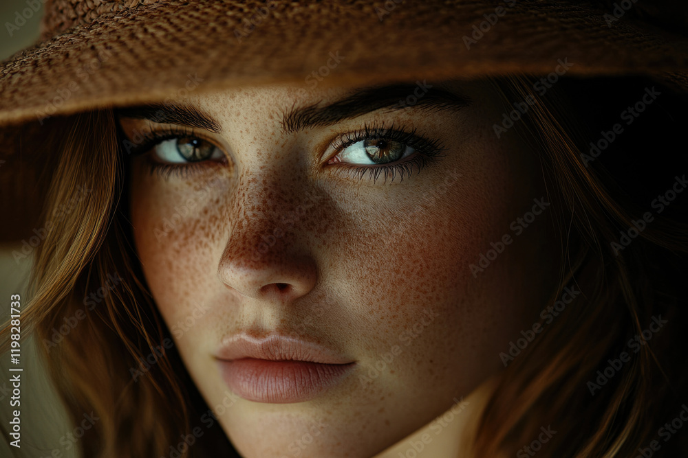 Close-up portrait of a freckled woman with green eyes, wearing a straw hat. Close-up portrait of a freckled woman with green eyes, wearing a straw hat.