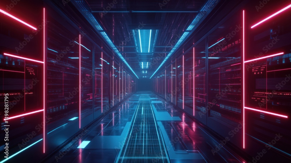 Fototapeta premium Neon Lit Server Room: Futuristic Digital Corridor