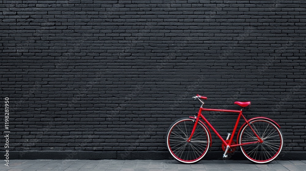 Vibrant red bicycle against a sleek black brick wall Vibrant red bicycle against a sleek black brick wall