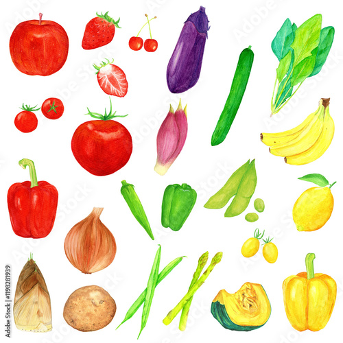 手描き水彩の新鮮な野菜と果物のセットイラスト