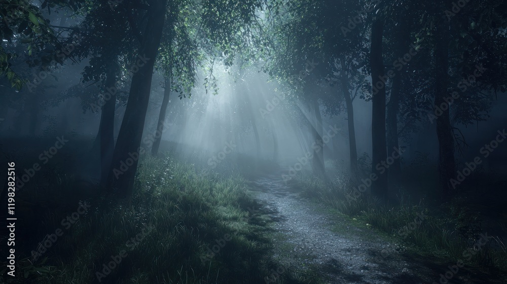 Obraz premium Enigmatic Forest Path: A Misty Dawn's Embrace