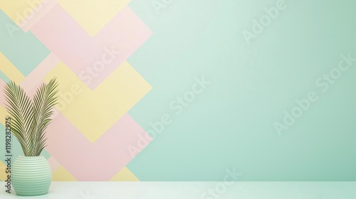 Chevron-patterned wallpaper mockup with soft pastel colors on a solid light green background