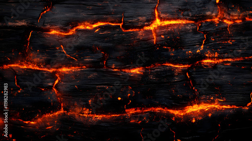 Burnt wood with glowing ember lines resembling a fiery abstract pattern, burnt, wood, glowing, ember, lines, fiery, abstract. Sunpetal. Illustration