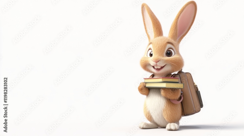 Obraz premium Cute cartoon rabbit with backpack and books.