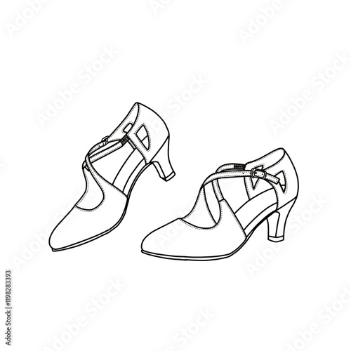 Women's cross strap shoes, latin and salsa dance shoe, classis closed toe shoes with adjustable buckle vector line art. Technical sketch hand drawing outline vector doodle illustration.