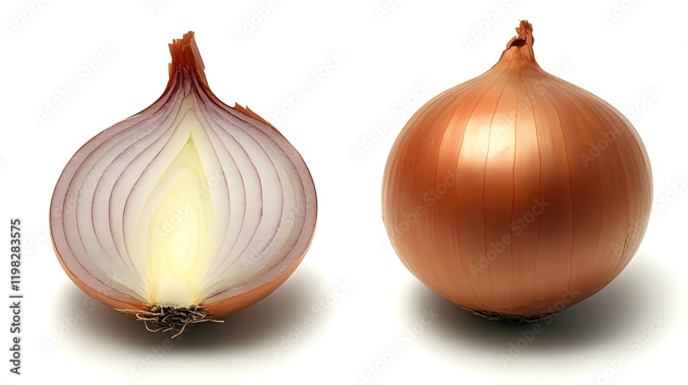 Obraz premium A whole onion and a halved onion are shown