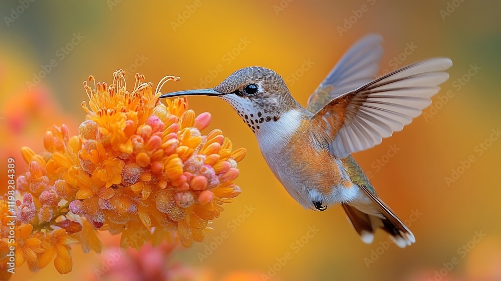 Obraz premium Hummingbird feeding on orange flower, blurred autumn background, nature photography, website banner