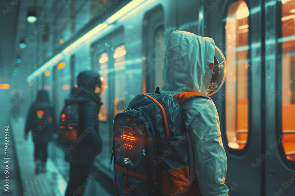 Fototapeta premium Man wearing hoodie cloth waiting underground train in cyberpunk city. Public transportation Technology and Urban Design