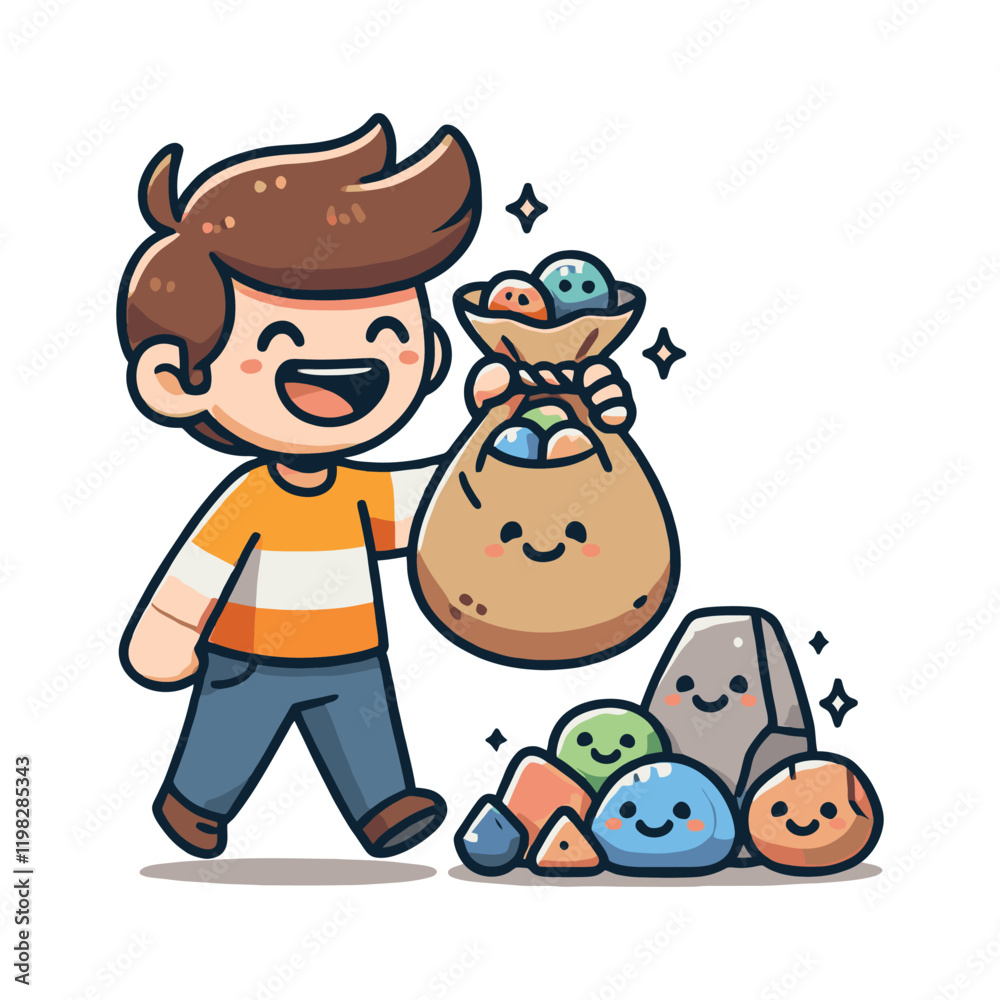 cartoon boys collecting colorful stones to the bag cartoon boys collecting colorful stones to the bag