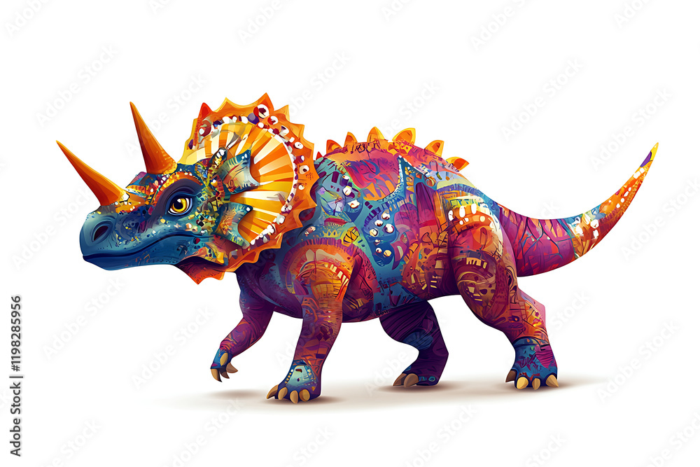 A colorful, stylized triceratops with intricate patterns and vibrant colors. A colorful, stylized triceratops with intricate patterns and vibrant colors.