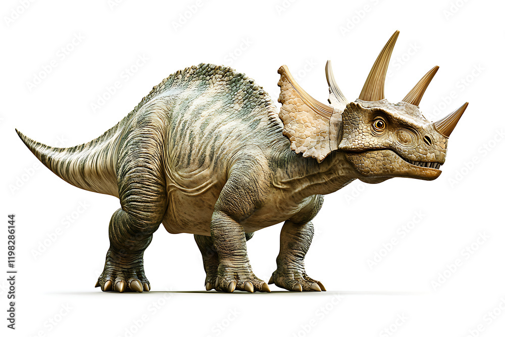Fototapeta premium A detailed depiction of a dinosaur with three prominent horns and a frilled neck.